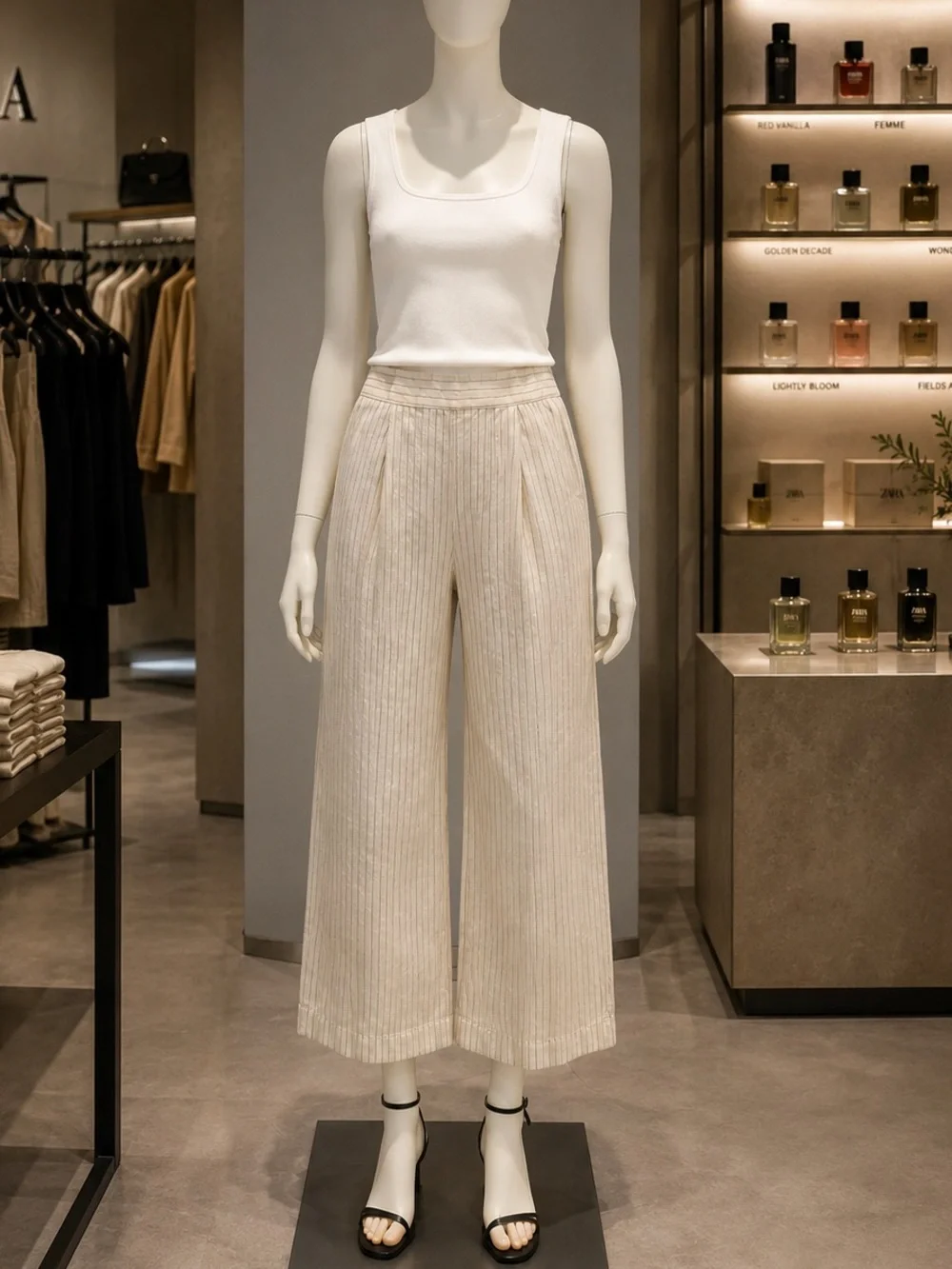 Zara Textured Pinstripe Wide Leg Crop Pants Cream Women’s Size 4